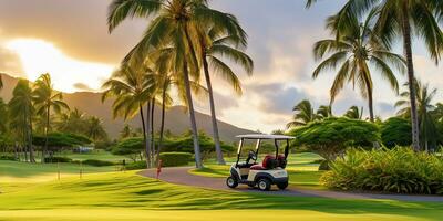 Landschaft Aussicht von ein makellos Resort Golf Kurs gebadet im das glühen von perfekt Wetter. ai generiert foto