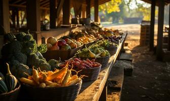 geschäftig fallen Bauern Markt randvoll mit ein bunt Array von Kürbisse und frisch herbstlich Gemüse. ai generiert foto