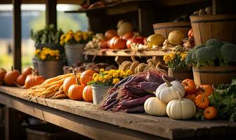 geschäftig fallen Bauern Markt randvoll mit ein bunt Array von Kürbisse und frisch herbstlich Gemüse. ai generiert foto