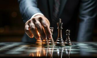 Geschäftsmann Hand fachmännisch manövrieren ein Schach Stück auf ein detailliert Schach Tafel. ai generiert foto