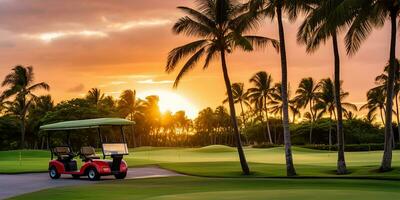 Landschaft Aussicht von ein makellos Resort Golf Kurs gebadet im das glühen von perfekt Wetter. ai generiert foto