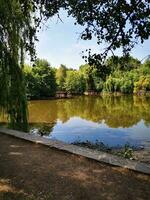 Foto von ein friedlich Teich umgeben durch üppig Bäume und ein heiter Stein Gehweg