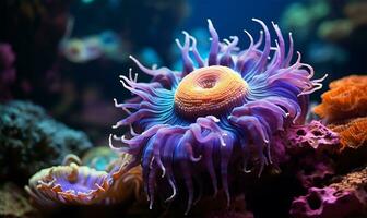 ein faszinierend Nahansicht von ein Meer Anemone. ai generiert foto