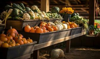 geschäftig fallen Bauern Markt randvoll mit ein bunt Array von Kürbisse und frisch herbstlich Gemüse. ai generiert foto