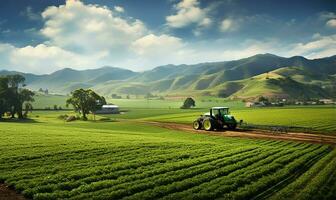 weitläufig landwirtschaftlich Bauernhof mit Felder von Getreide. ai generiert foto
