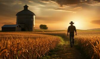 ein Farmer Schritte selbstbewusst durch ein Mais Feld, das früh Dämmerung Licht Gießen ein sanft glühen Über das hoch Stiele. ai generiert foto