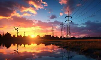 Wind Turbinen positioniert in der Nähe von ein Elektrizität Pylon. ai generiert foto