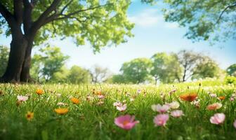 malerisch Frühling Lichtung mit Blühen Flora und Bäume einstellen gegen ein klar Blau Himmel. ai generiert foto