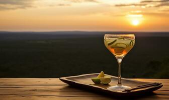 Cocktail auf ein hölzern Deck mit Blick auf das afrikanisch Savanne Safari Landschaft. ai generiert foto