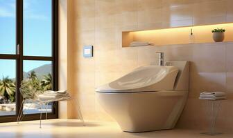 modern Luxus wandhängend Toilette Schüssel mit ein geschlossen Sitz und Dual spülen. ai generiert foto