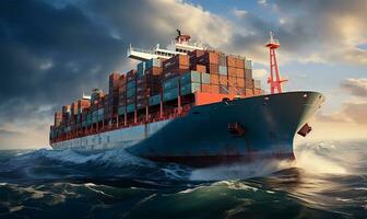 Container Schiff Schneiden durch das riesig Meer Gewässer. ai generiert foto