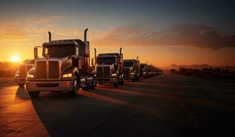 ein Reihe von geparkt Lastwagen, silhouettiert gegen das Hintergrund von ein strahlend Sonnenaufgang. ai generiert foto