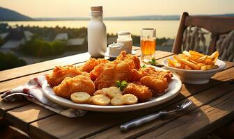 ein Teller von knusprig Fisch und Chips. ai generiert foto