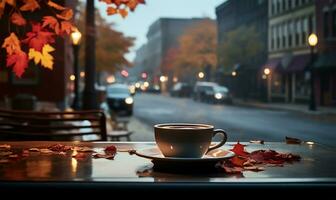 dämpfen Tasse von Kaffee perfekt platziert auf ein Cafe Tisch, einstellen gegen das Hintergrund von ein Straße geschäftig mit Autos und bedeckt mit bunt fallen Blätter. ai generiert foto