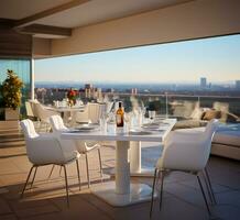 ein Dach Restaurant Terrasse, entworfen mit skandinavisch Minimalismus im Geist, die Geschenke ein Array von Tabellen und Stühle im makellos Weiß. ai generiert foto