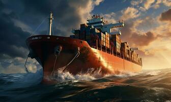 Container Schiff Schneiden durch das riesig Meer Gewässer. ai generiert foto