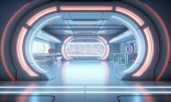 Gang oder Zimmer Innerhalb ein Raum Bahnhof oder Raumschiff, entworfen mit glatt, futuristisch Ästhetik. ai generiert foto
