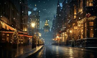 Stadt Straße eingetaucht im das zauberhaft glühen von festlich Beleuchtung auf ein Weihnachten Nacht. ai generiert foto