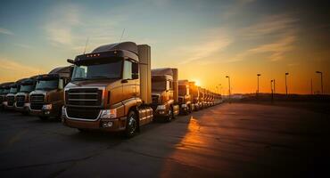 ein Reihe von geparkt Lastwagen, silhouettiert gegen das Hintergrund von ein strahlend Sonnenaufgang. ai generiert foto