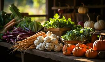 geschäftig fallen Bauern Markt randvoll mit ein bunt Array von Kürbisse und frisch herbstlich Gemüse. ai generiert foto