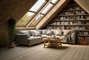 Ecke Sofa platziert gegen ein Regale Einheit, einstellen im ein modern Leben Zimmer im das Dachboden von ein Bauernhaus. ai generiert foto