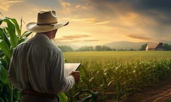 ein modern Farmer Stehen im ein Mais Feld. ai generiert foto