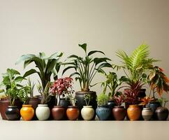 sorgfältig Anordnung von vielfältig Zimmerpflanzen im Töpfe. ai generiert foto