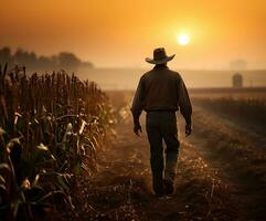 ein Farmer Schritte selbstbewusst durch ein Mais Feld, das früh Dämmerung Licht Gießen ein sanft glühen Über das hoch Stiele. ai generiert foto