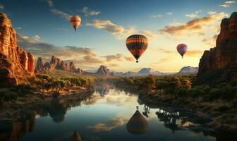 faszinierend Landschaft wo mehrere heiß Luft Luftballons anmutig steigen Über ein weitläufig Weite. ai generiert foto