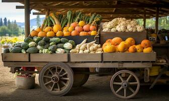 geschäftig fallen Bauern Markt randvoll mit ein bunt Array von Kürbisse und frisch herbstlich Gemüse. ai generiert foto