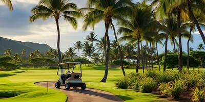 Landschaft Aussicht von ein makellos Resort Golf Kurs gebadet im das glühen von perfekt Wetter. ai generiert foto