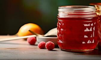 Nahansicht von ein Krug von Marmelade. ai generiert foto