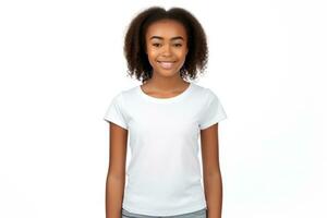 süß afrikanisch amerikanisch Mädchen Modell- mit schwarz lockig Haar im Weiß T-Shirt auf Weiß Hintergrund. Kopieren Raum. Nahansicht. Mädchen lächelt. Attrappe, Lehrmodell, Simulation. Kleidung speichern, drucken, Werbung, Banner, Poster, ai generiert foto