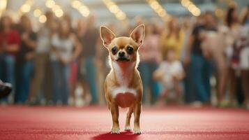 ein Stammbaum reinrassig Chihuahua Hund beim ein Ausstellung von reinrassig Hunde. Hund zeigen. Tier Ausstellung. Wettbewerb zum das die meisten reinrassig Hund. Gewinner, zuerst Ort, Main Preis. ai generiert foto