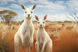 Albino Kängurus im ihr natürlich Lebensraum. zwei Weiß Albino Kängurus auf ein verschwommen Tierwelt Hintergrund. Kängurus aussehen beim das Kamera. wild Natur. einzigartig Selten Tiere. Albinismus ai generiert foto