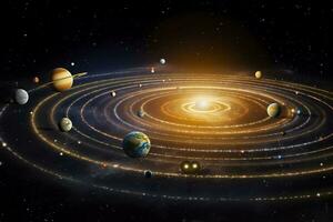 unser 3d Solar- System mit Planeten im Umlaufbahnen Weg. ai generativ foto