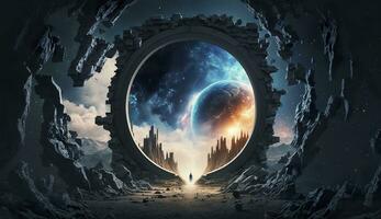 Portal zu Ein weiterer Welt. futuristisch kosmisch Landschaft mit Kreis Tunnel im sternenklar Himmel. generativ ai foto