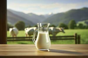 Glas Krug mit frisch Milch auf ein hölzern Tisch. ai generiert foto