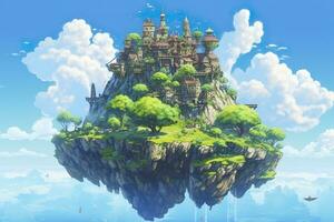 uralt paradiesisch schwebend Insel im das Himmel mit ein Schloss, beschwingt, Fantasypunk, ai generativ foto