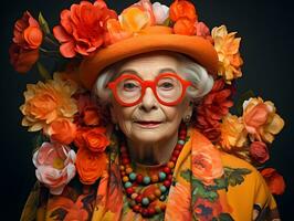 Porträt von ein Alten Frau im ein Mode Kleid. generativ ai. foto