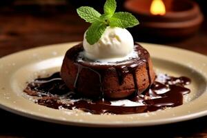 Mini Schokolade Kuchen oder Fondant Kuchen mit Eis Sahne gekrönt ai generiert foto