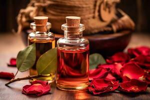 Rose wesentlich Öl neben Rose und Rose Blätter auf ein Tabelle ai generiert foto