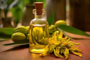 Ylang Ylang oder Cananga Odorata Blume wesentlich Öl neben Ylang Ylang oder Cananga Odorata Blume auf ein Tabelle foto