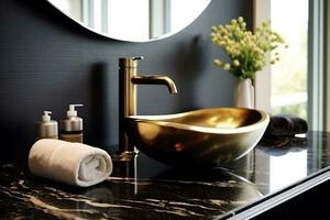 elegant Badezimmer Innere mit anders Toilettenartikel auf schwarz Gold Marmor Arbeitsplatte Arbeitsplatte und modern Schiff sinken ai generiert foto