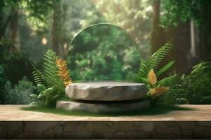3d Rendern Stein Produkt Anzeige Podium zum Produkt mit Grün Natur Garten Hintergrund ai generiert foto