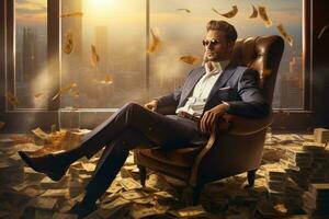 Reich Mann Stehen im seine Büro mit Tonnen von Geld - - generativ ai foto