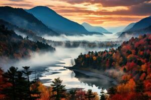 beschwingt Herbst Landschaft mit Berg und See Betrachtung, erstellt mit generativ ai foto