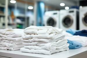 Reihe von Waschen Maschine von Wäsche Geschäft im das Öffentlichkeit speichern. generativ ai foto