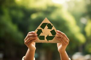 recyceln Symbol auf Hand und Tasche, nachhaltig und Öko Umgebung Konzept. generativ ai foto