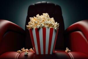 schließen oben auf ein rot und Weiß gestreift Popcorn Tasse im ein Film Theater. generativ ai foto